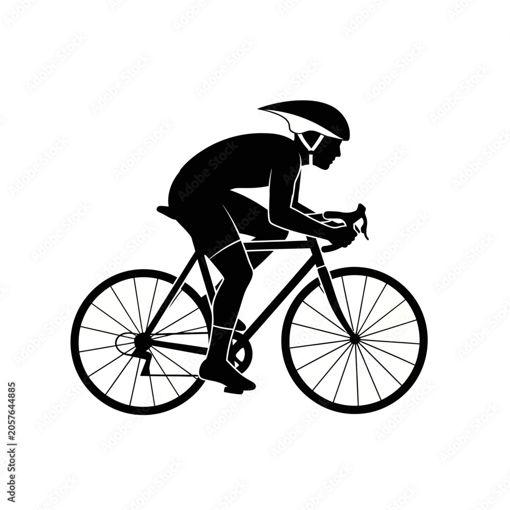 Fototapeta premium Cyclist silhouette riding bicycle, black and white vector illustration.