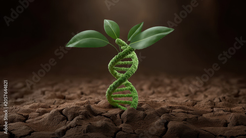 Growth of plants from dry soil with a DNA strand on a brown background