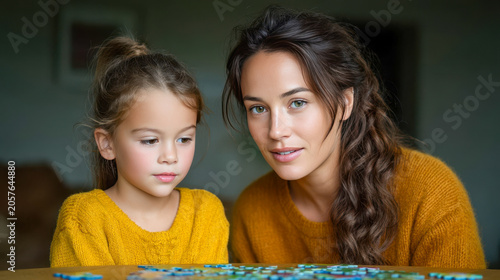 Learning through play with parent and child working on a puzzle together in a cozy room at home