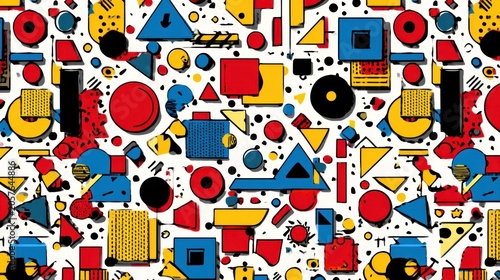 Abstract geometric shapes vibrant composition with primary colors and repeating patterns