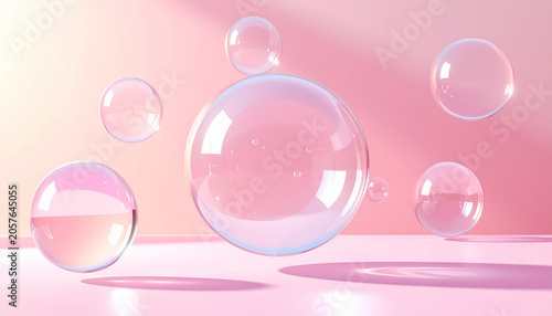 Transparent bubbles floating against pink backdrop with soft sunlight