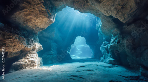 Underwater cave reveals stunning light rays piercing deep blue water and dramatic rock formations