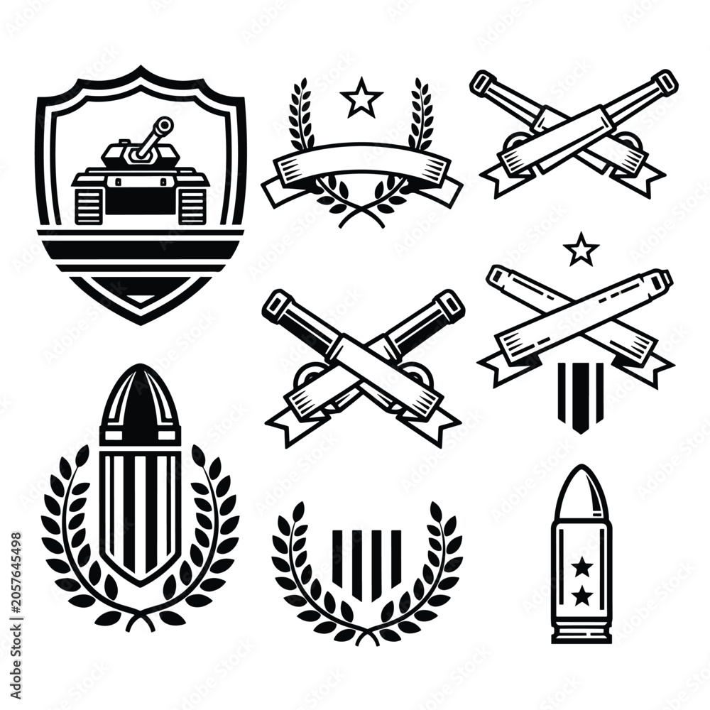 Fototapeta premium Set of military insignia emblems and badges with tanks cannons and ammunition.