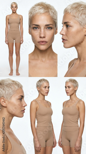 Female Fashion Model Composite Reference Sheet with Multiple Angles