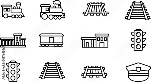 Fotografie Railway infrastructure icons trains tracks stations and signals in linear style