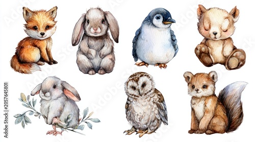 Watercolor illustrations of adorable forest animals in a whimsical style