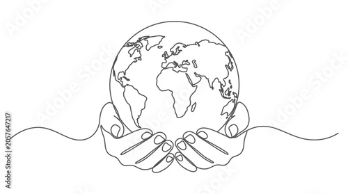 Continuous line art of hands cupping a globe, world conservation