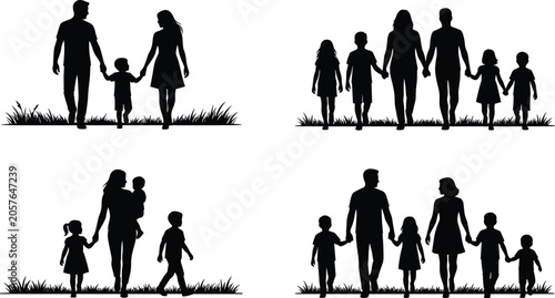 Photos Silhouette illustration of families walking together with children, holding hand