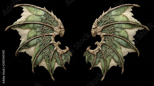 Fantasy dragon wing pair isolated on dark background for creative design