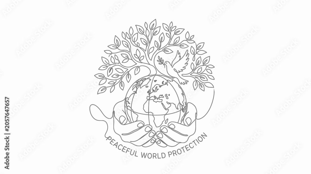 Fototapeta premium Minimalist Peace Symbol with Earth, Dove, and Hands, Line Art