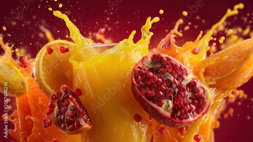 Vibrant splash of fresh fruit juice with dynamic motion and color