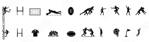 Tableau sur toile Rugby Union Sport Icons Collection Black Silhouette Vector Set with Players Ball