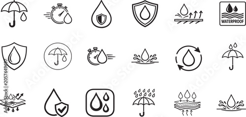 Waterproof icon set featuring water resistance, protection, hydrophobic fabric and moisture shield.