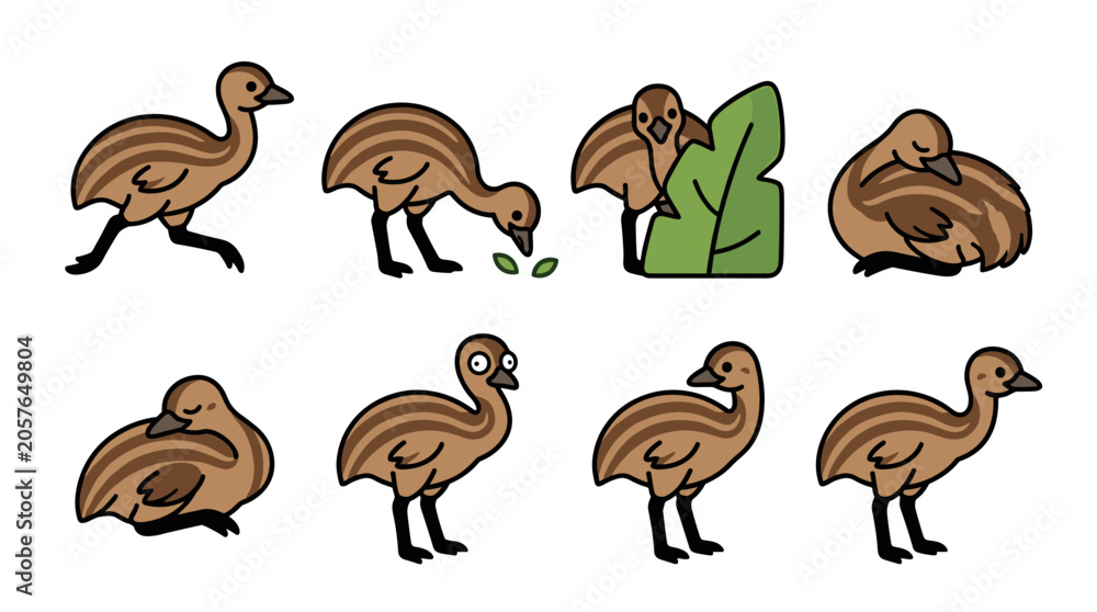Naklejka premium Brown Cartoon Dinosaur Birds Group.