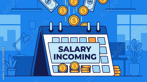 Salary Income Calendar Money Falling Coins Bills Payroll Payday Financial Planning Concept Illustration