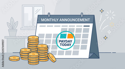 Payday Today Monthly Announcement Calendar with Coins and Celebration Sparkles Business Financial Success Concept