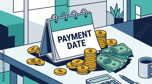 Payment Date Calendar with Money and Coins on Desk Financial Planning Concept