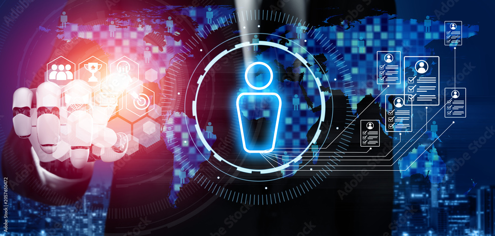 Fototapeta premium AI artificial intelligence transforms hiring with digital recruiters, virtual HR assistants, and smart matching tools for modern talent acquisition. Vouch