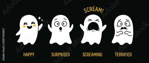 Halloween day emojis a set of four ghosts illustrating happy surprised screaming and terrified emotions on black background