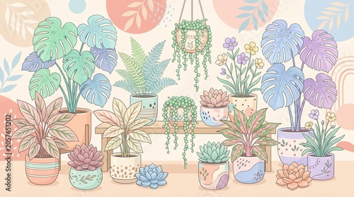 Cozy Indoor Plants on Shelf by Window, Houseplant Illustration made by AI generative