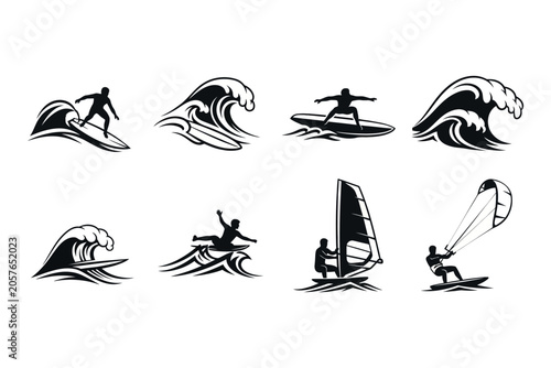 Dynamic water sports silhouette collection surfing windsurfing kitesurfing and wave riding illustrations