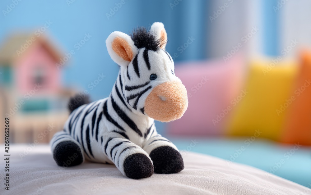 Fototapeta premium Plush Zebra Toy Close-Up on Soft Light-Colored Background Surface