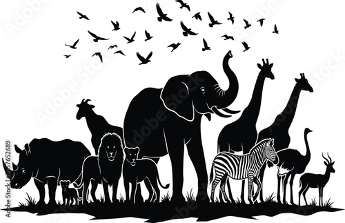 Photography Black silhouette of diverse wild african safari animals standing together with f