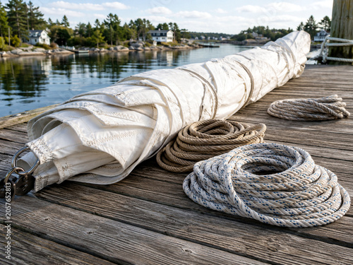 mainsail. A furled white sail on a weathered wooden dock with coiled ropes in morning light. travel magazines, destination branding, designed for travel destination branding.