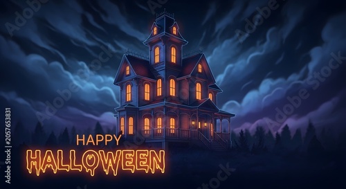 Spooky haunted house mansion at night with glowing windows and neon happy halloween text sign under dark cloudy sky
