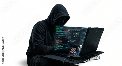 Cyber Hacker with Laptop Isolated on White Background