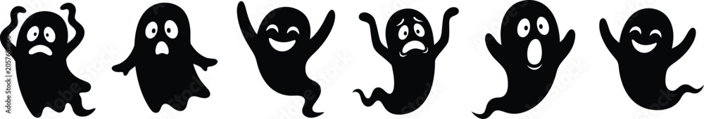 Obraz premium Halloween day ghostly silhouettes spooky black ghost illustrations for halloween decorations and designs