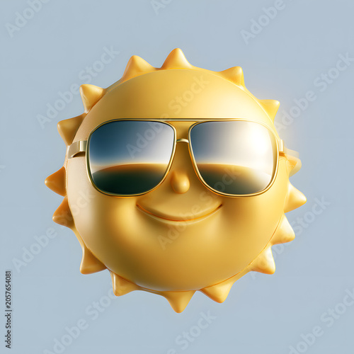 3D PNG image of a yellow sun emoji in sunglasses, isolated and suitable for cutting