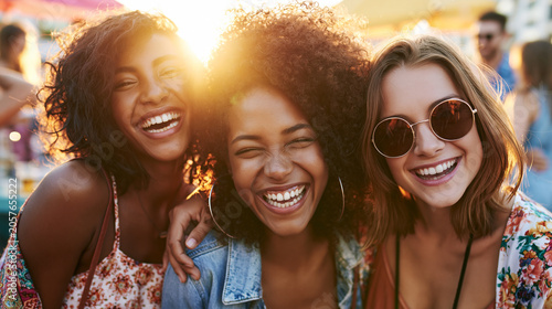 Stylish Young Women Enjoying Summer Party and Friendship Outdoors
