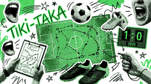 Schilderij op canvas Football halftone collage set