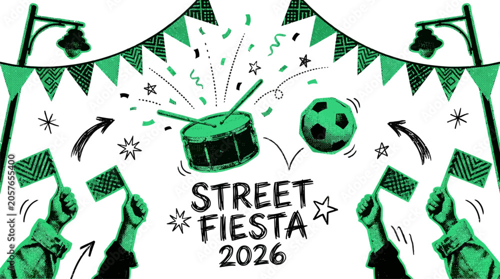 Fototapeta premium Football halftone art collage set. Soccer world cup street fiesta stickers with bunting flags, drum, ball, and party hands. Modern retro grunge mixed media doodles.