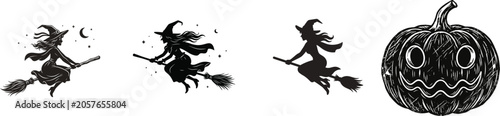 Halloween day silhouette illustrations of witches and pumpkin