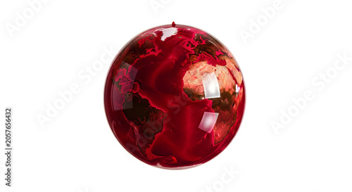 Red reflective globe with continents visible