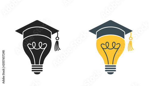 Photos Graduation Cap Bulb Icon: A black and yellow icon featuring a lightbulb with a graduation cap, symbolizing educational innovation and bright ideas
