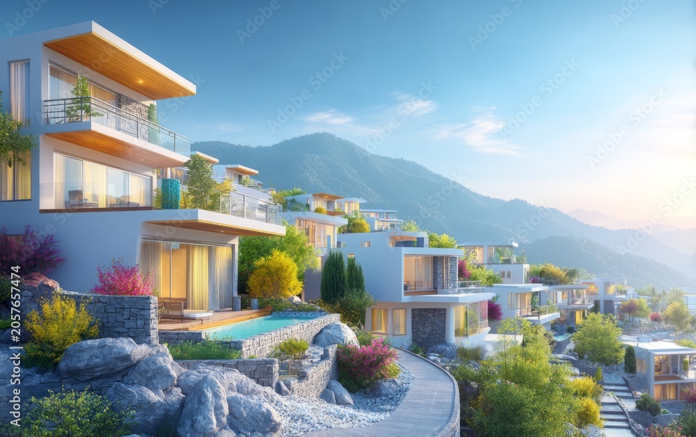 Obraz premium Modern luxury villa with terrace and pool on hillside overlooking mountain view