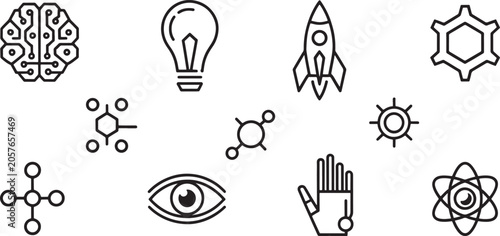 Collection of science and technology including brain, lightbulb, rocket, and atom