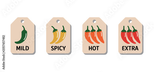 Tableau sur toile Chili Pepper Heat Levels: A set of four tags showcasing the increasing intensity of chili peppers, from mild to extra hot, represented by visual cues