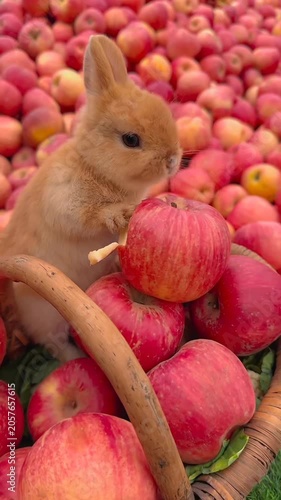 Fluffy brown rabbit eating red apple surrounded by fresh fruit