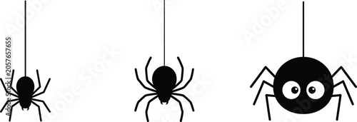 Halloween day spiders three black silhouette spiders hanging on threads isolated on white background