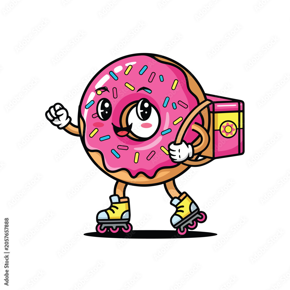 Fototapeta premium Cute Cartoon Donut Character Delivering Food on Roller Skates.