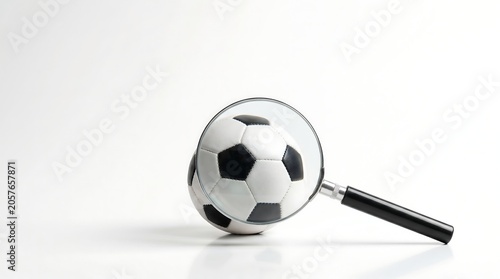 Soccer ball and magnifying glass for sports analysis on white