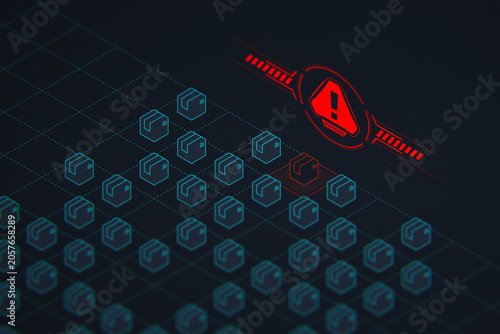 Photos Isometric HUD interface showing a warning alert on a defective package in a digital warehouse grid