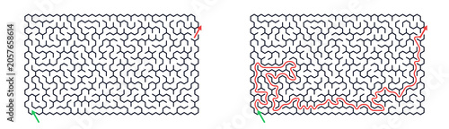 Φωτογραφία Rectangular illustration of Complex maze path featuring red track and uncompleted version for workbook