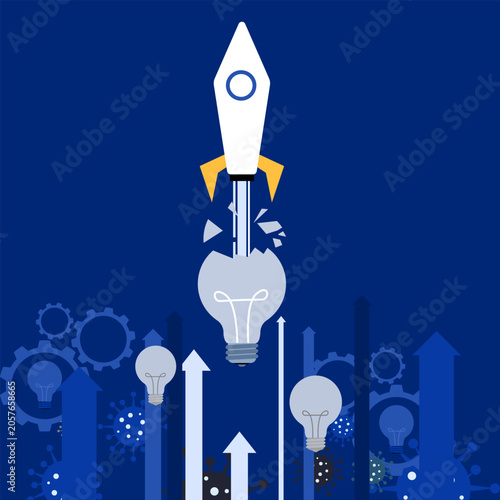 Out of the box thinking and innovation concept for overcoming economic crisis during a pandemic. Rocket launching from a light bulb symbolizes business recovery, resilience, and growth.
