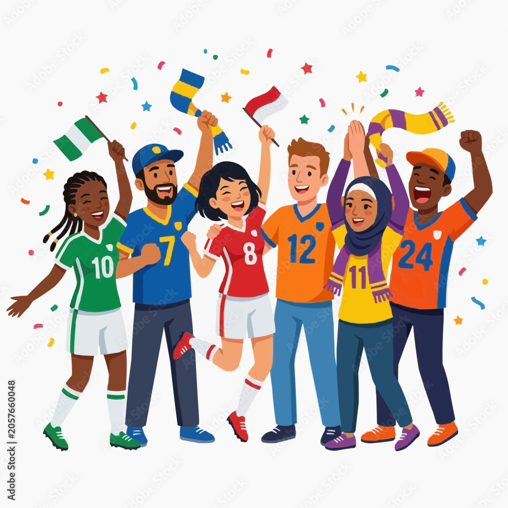 Obraz premium Celebration of Soccer Championship: A diverse group of enthusiastic soccer fans, adorned in colorful jerseys and waving flags, revel in a victory with confetti showering down.