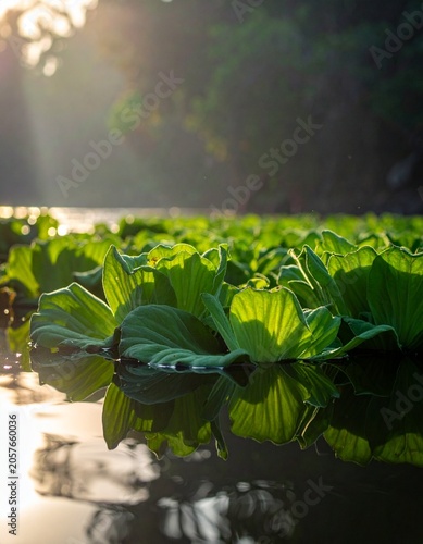 Floating green plants at sunrise
